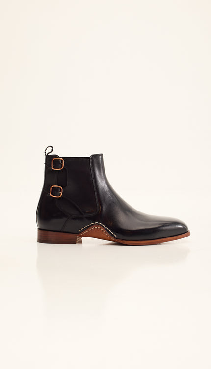 Double-Buckle Italian Leather Chelsea Boot - Black