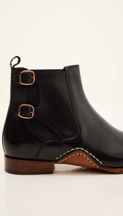 Double-Buckle Italian Leather Chelsea Boot - Black