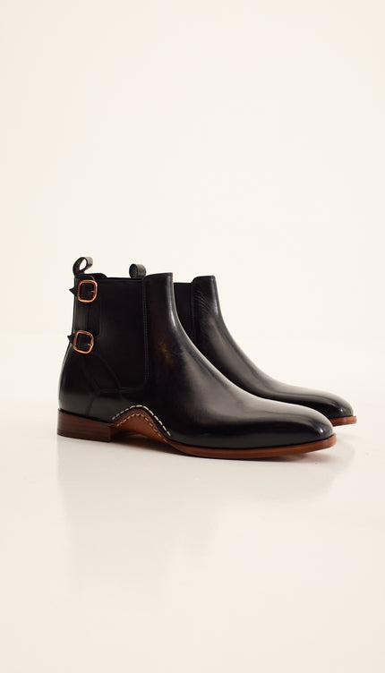 Double-Buckle Italian Leather Chelsea Boot - Black