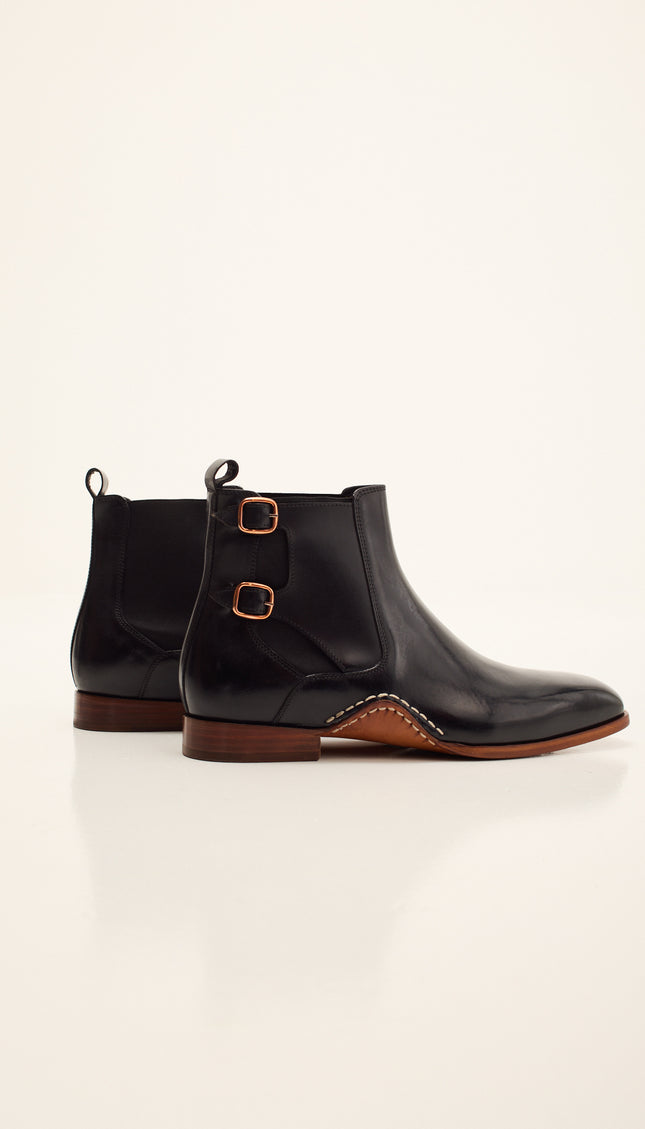 Double-Buckle Italian Leather Chelsea Boot - Black