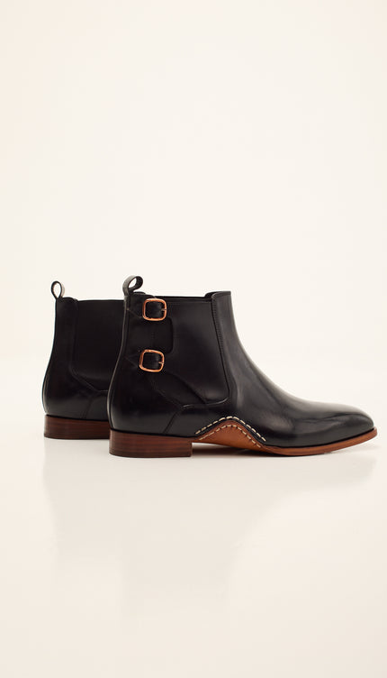 Double-Buckle Italian Leather Chelsea Boot - Black
