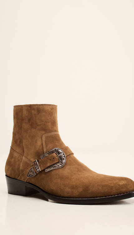 Nubuck Silver Monk Strap Leather Ankle Boots - Beige