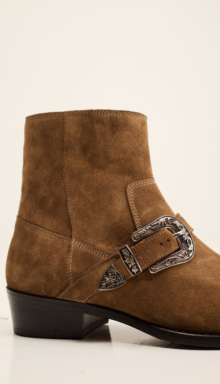 Nubuck Silver Monk Strap Leather Ankle Boots - Beige