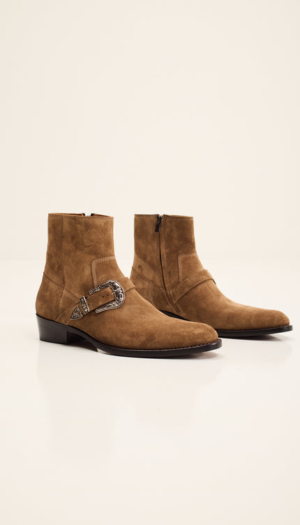 Nubuck Silver Monk Strap Leather Ankle Boots - Beige