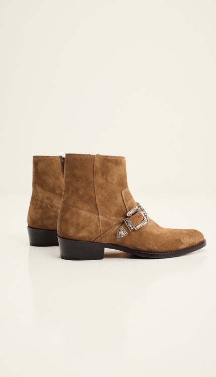 Nubuck Silver Monk Strap Leather Ankle Boots - Beige