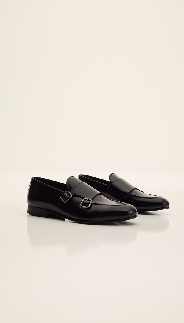 Leather Double Monk Strap Shoes - Black