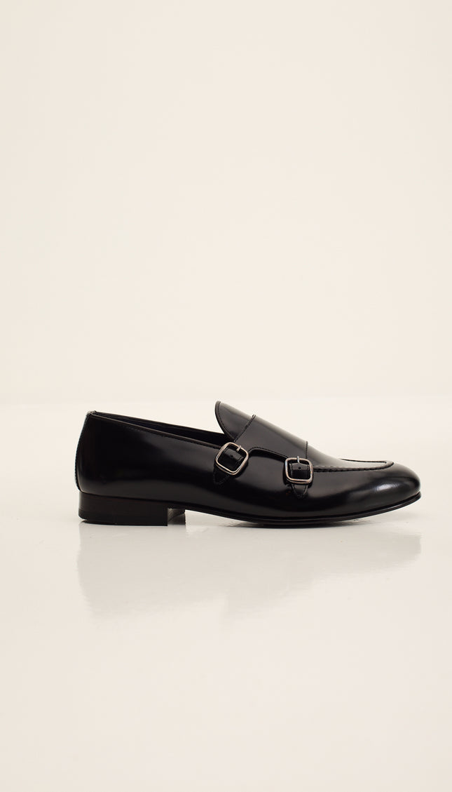 Leather Double Monk Strap Shoes - Black
