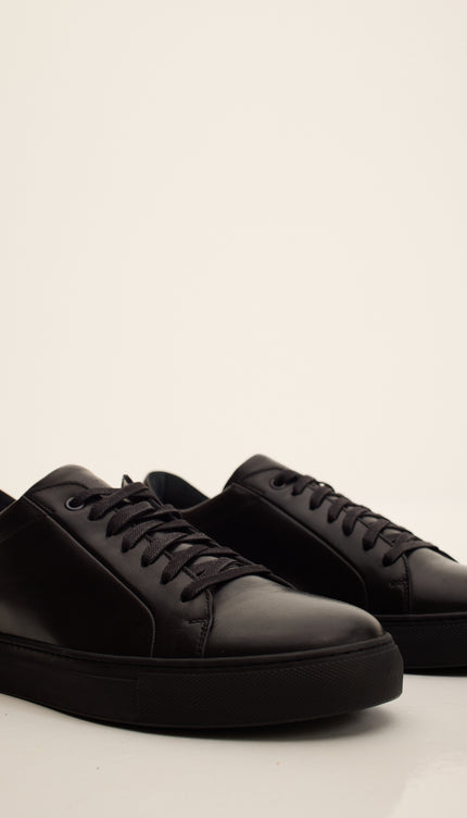 Genuine Leather Court Sneakers - Black