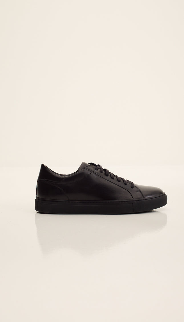 Genuine Leather Court Sneakers - Black