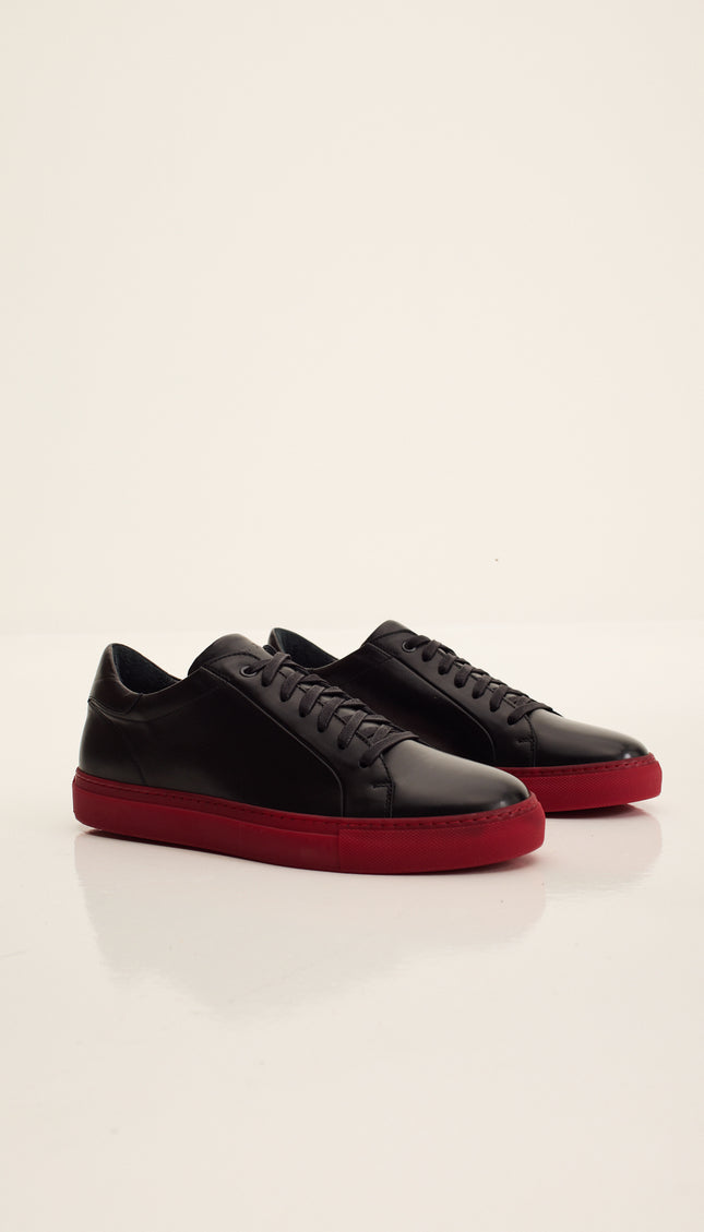 Genuine Leather Court Sneakers - Black Red