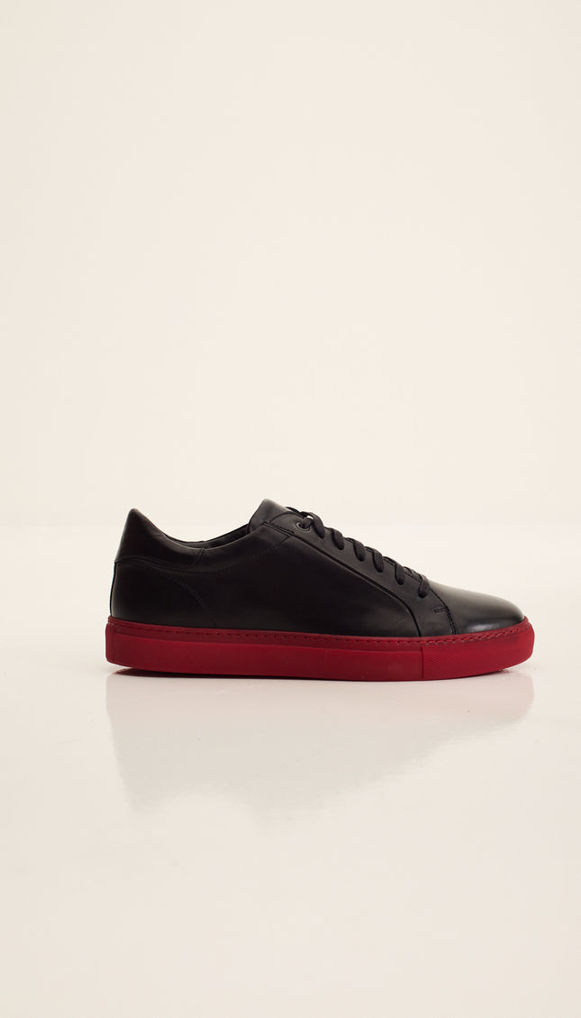 Genuine Leather Court Sneakers - Black Red