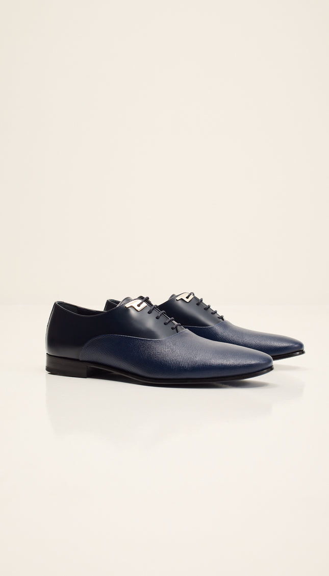 Two Tone Plain Toe Leather Oxfords-  Navy