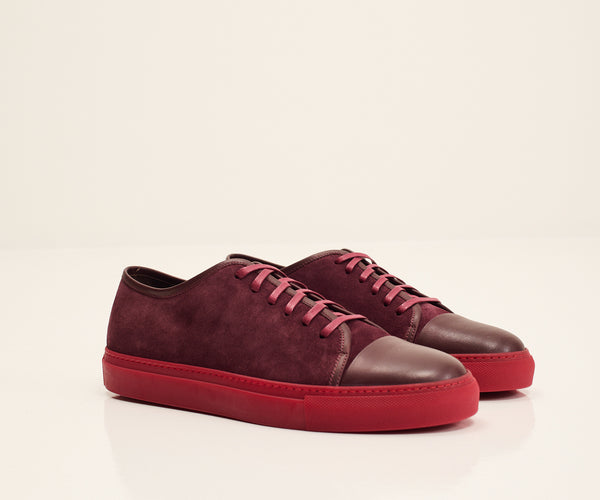 Leather and Suede Court Sneakers Burgundy Red