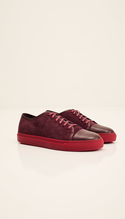 Leather and Suede Court Sneakers - Burgundy Red