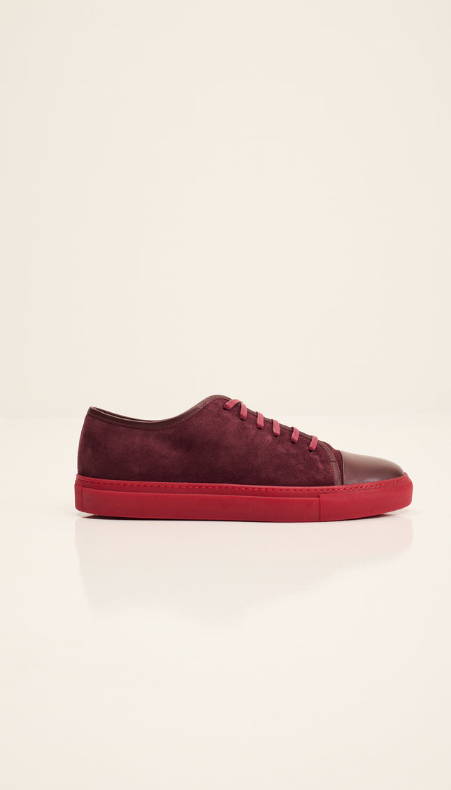 Leather and Suede Court Sneakers - Burgundy Red