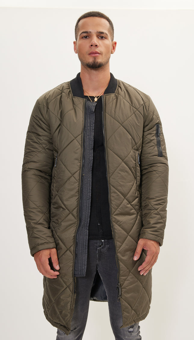 Long Quilted Puffer Coat - Khaki