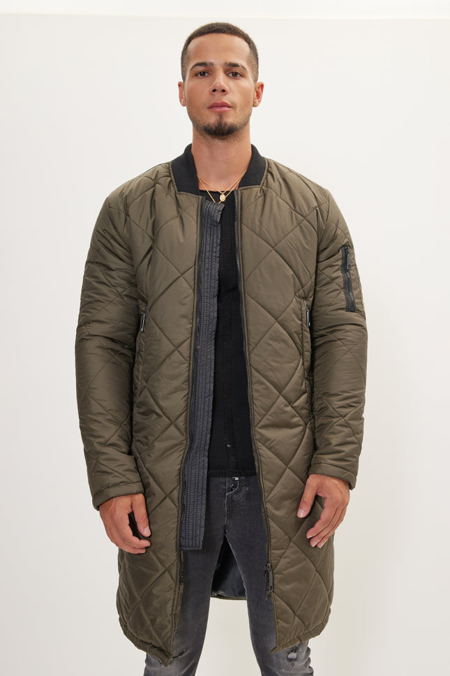 Men's Long Quilted Puffer Coat - Khaki | Ron Tomson