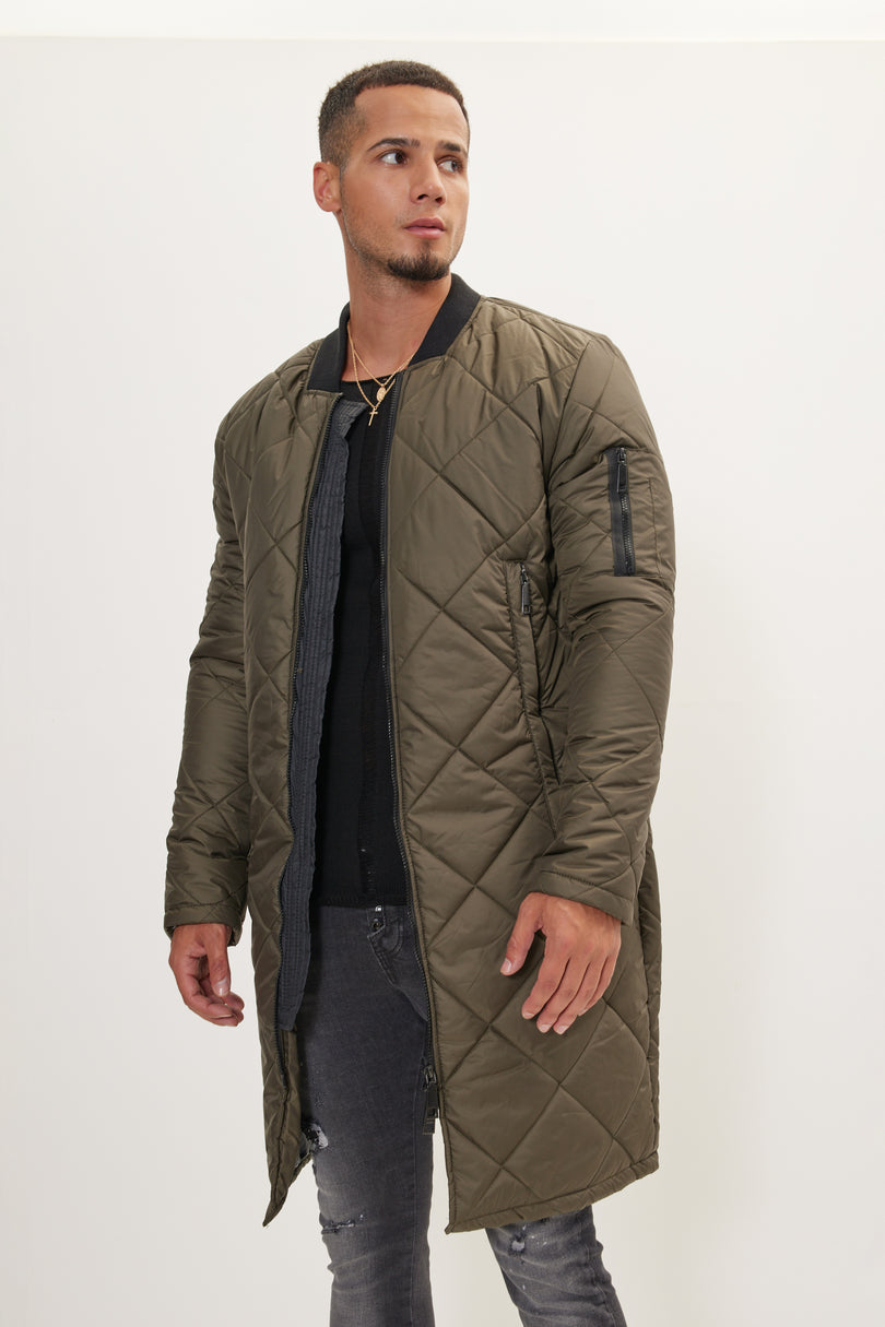 Men's Long Quilted Puffer Coat - Khaki | Ron Tomson