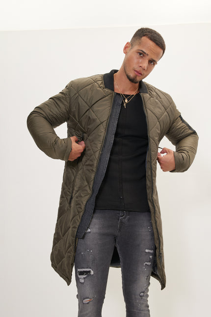 Men's Long Quilted Puffer Coat - Khaki | Ron Tomson