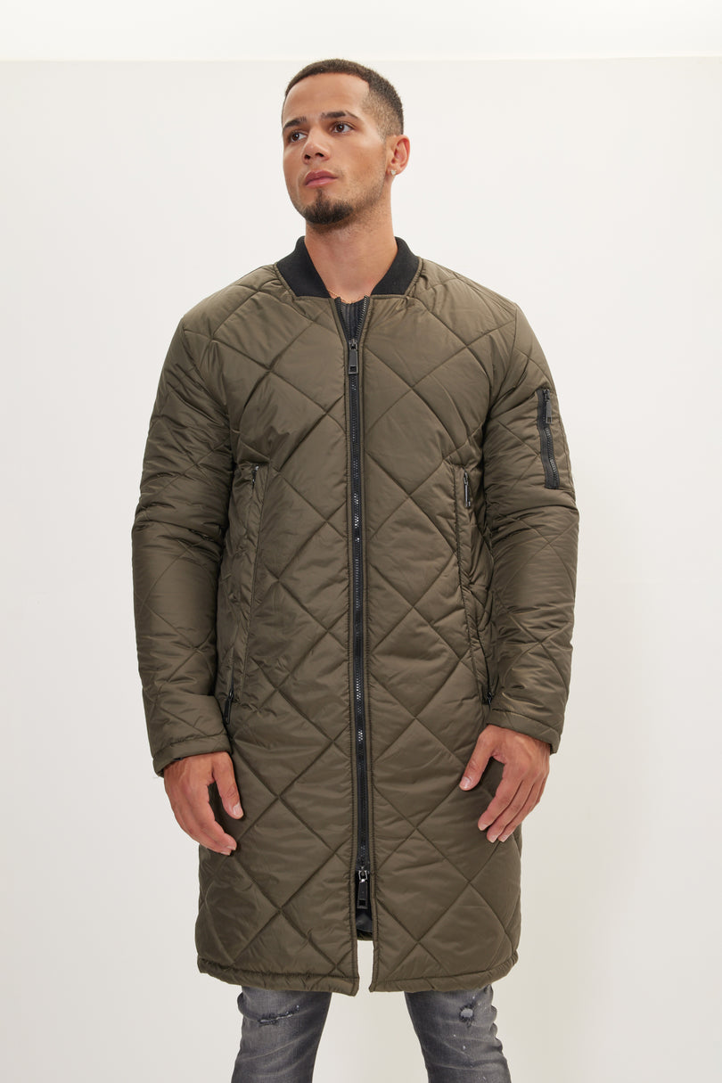 Men's Long Quilted Puffer Coat - Khaki | Ron Tomson