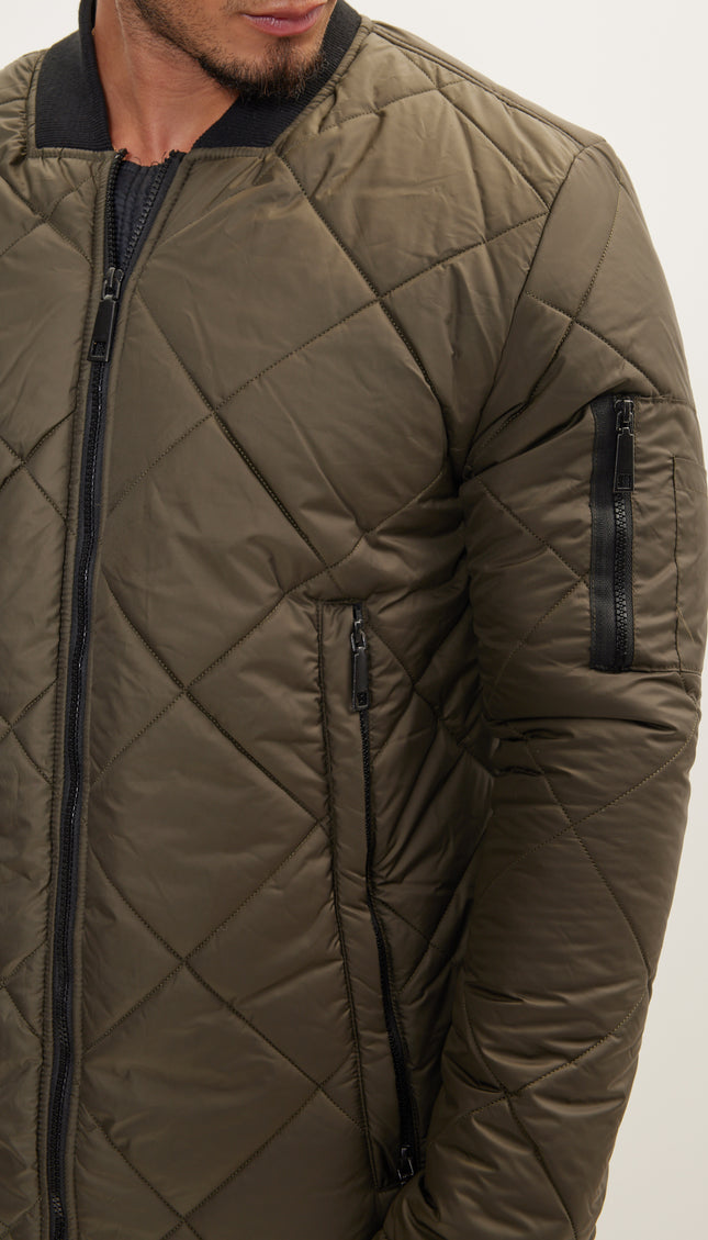 Long Quilted Puffer Coat - Khaki