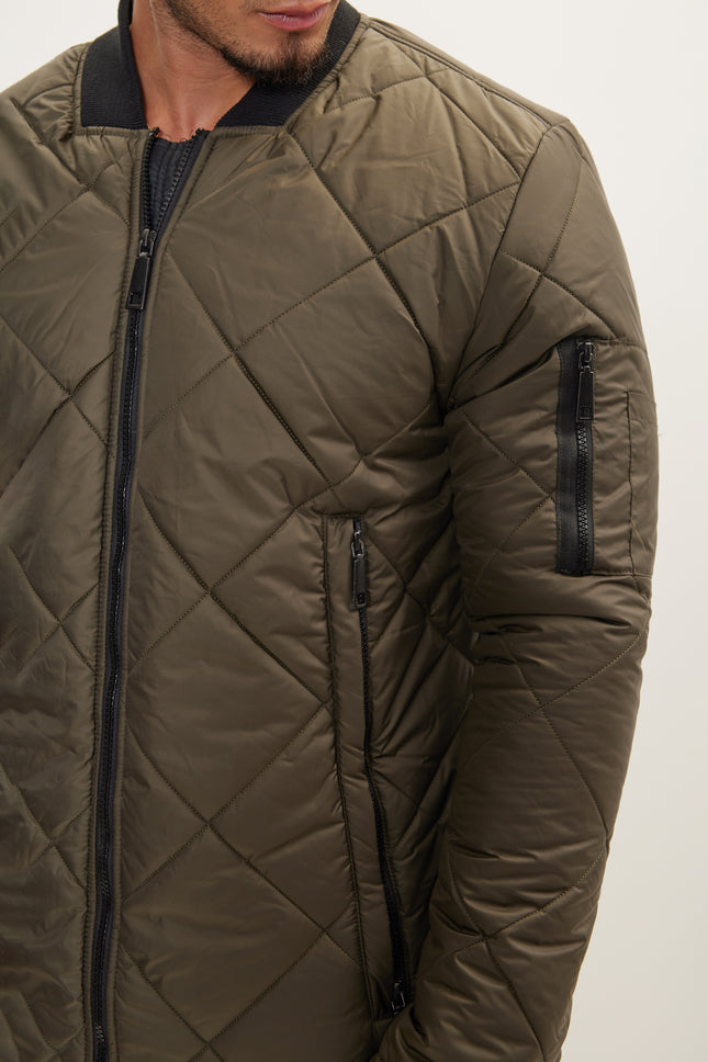 Men's Long Quilted Puffer Coat - Khaki | Ron Tomson