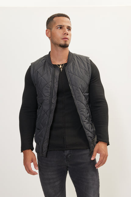 Men's Padded Contrast Placket Vest - Black | Ron Tomson