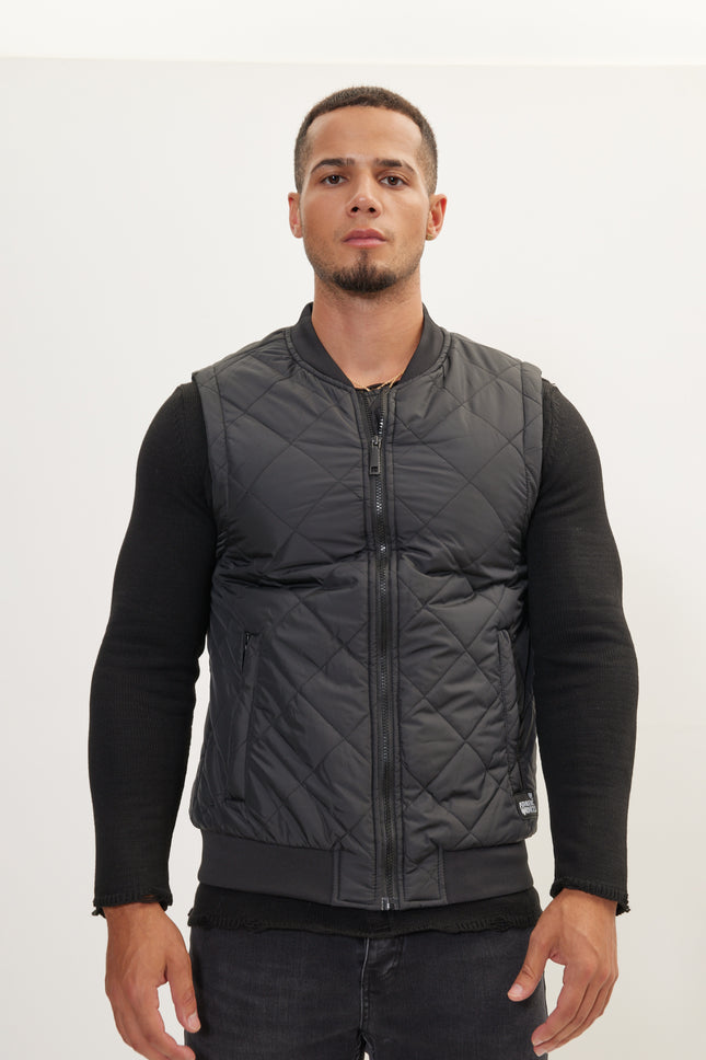Men's Padded Contrast Placket Vest - Black | Ron Tomson