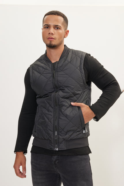 Men's Padded Contrast Placket Vest - Black | Ron Tomson