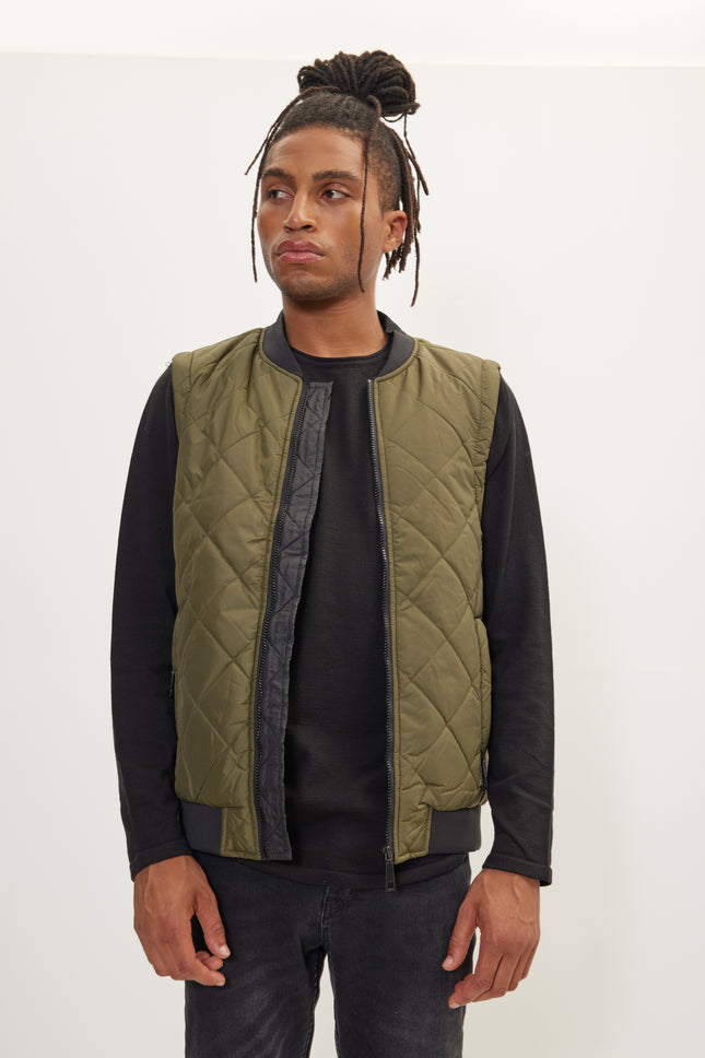 Men's Padded Contrast Placket Vest - Khaki | Ron Tomson