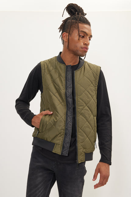Men's Padded Contrast Placket Vest - Khaki | Ron Tomson