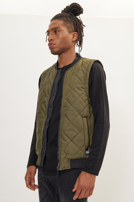 Men's Padded Contrast Placket Vest - Khaki | Ron Tomson