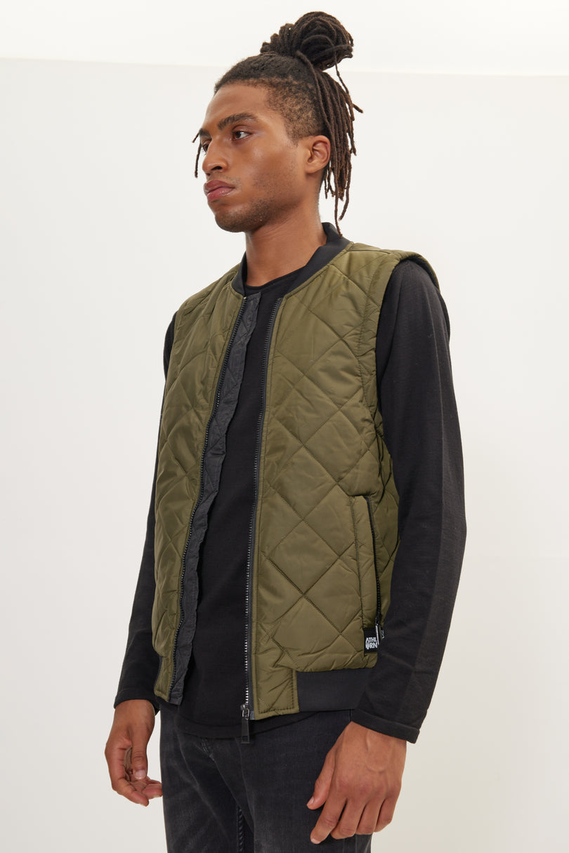 Men's Padded Contrast Placket Vest - Khaki | Ron Tomson