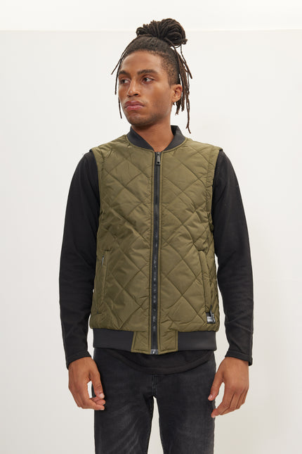 Men's Padded Contrast Placket Vest - Khaki | Ron Tomson
