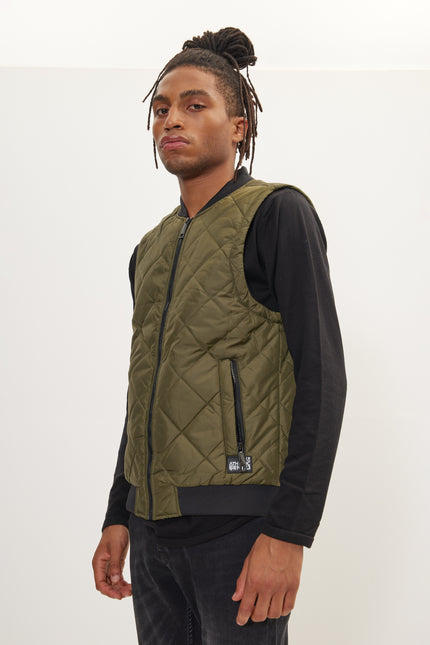 Men's Padded Contrast Placket Vest - Khaki | Ron Tomson