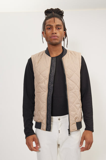 Men's Padded Contrast Placket Vest - Stone | Ron Tomson