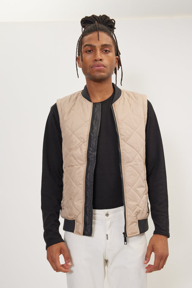 Men's Padded Contrast Placket Vest - Stone | Ron Tomson