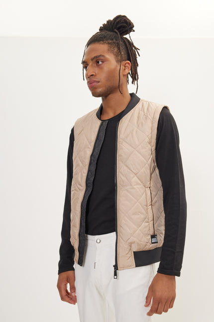 Men's Padded Contrast Placket Vest - Stone | Ron Tomson