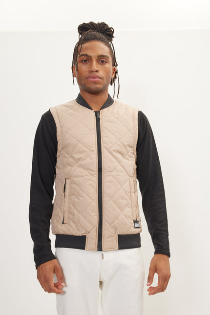 Men's Padded Contrast Placket Vest - Stone | Ron Tomson