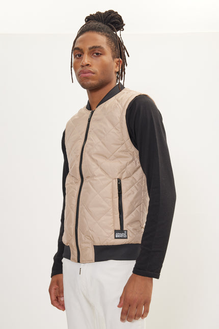 Men's Padded Contrast Placket Vest - Stone | Ron Tomson