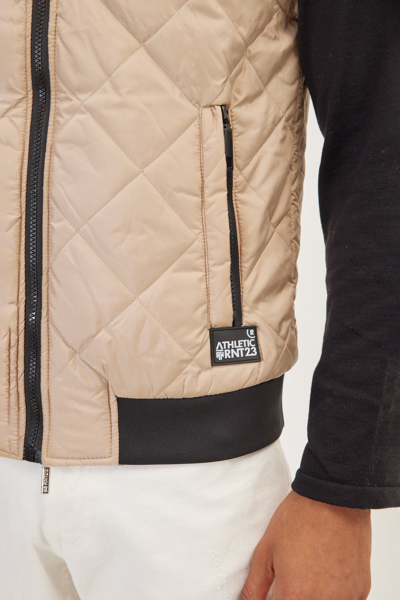 Men's Padded Contrast Placket Vest - Stone | Ron Tomson
