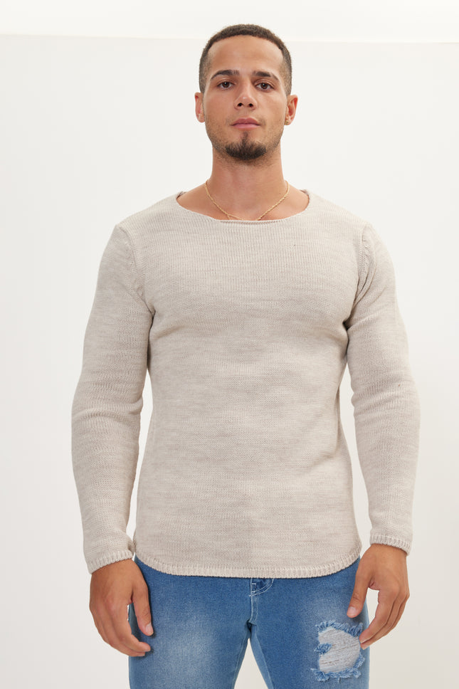 Men's Slim Crew-Neck Sweater - Stone | Ron Tomson