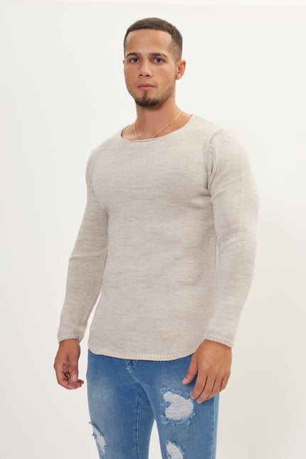 Men's Slim Crew-Neck Sweater - Stone | Ron Tomson
