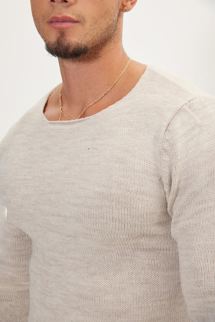 Men's Slim Crew-Neck Sweater - Stone | Ron Tomson