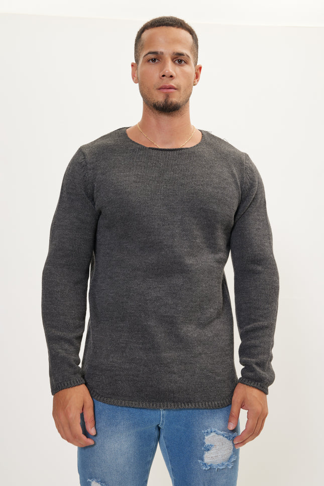 Men's Slim Ribbed Crew-Neck Sweater - Anthracite | Ron Tomson