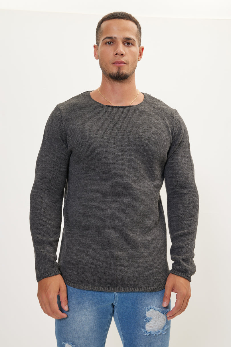 Men's Slim Ribbed Crew-Neck Sweater - Anthracite | Ron Tomson