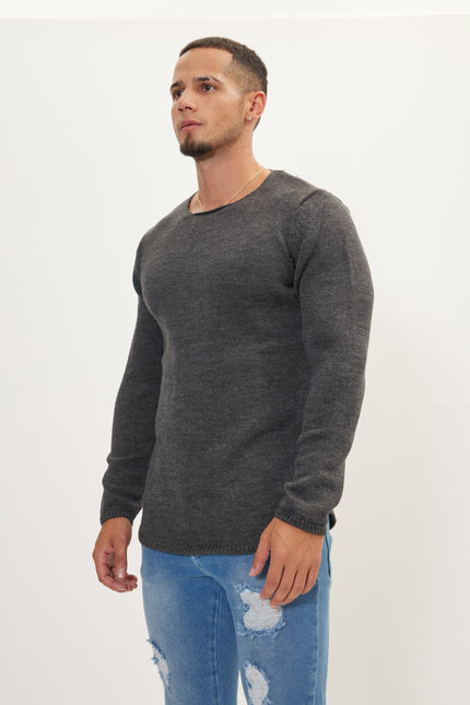 Men's Slim Ribbed Crew-Neck Sweater - Anthracite | Ron Tomson