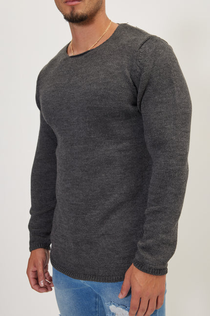 Men's Slim Ribbed Crew-Neck Sweater - Anthracite | Ron Tomson