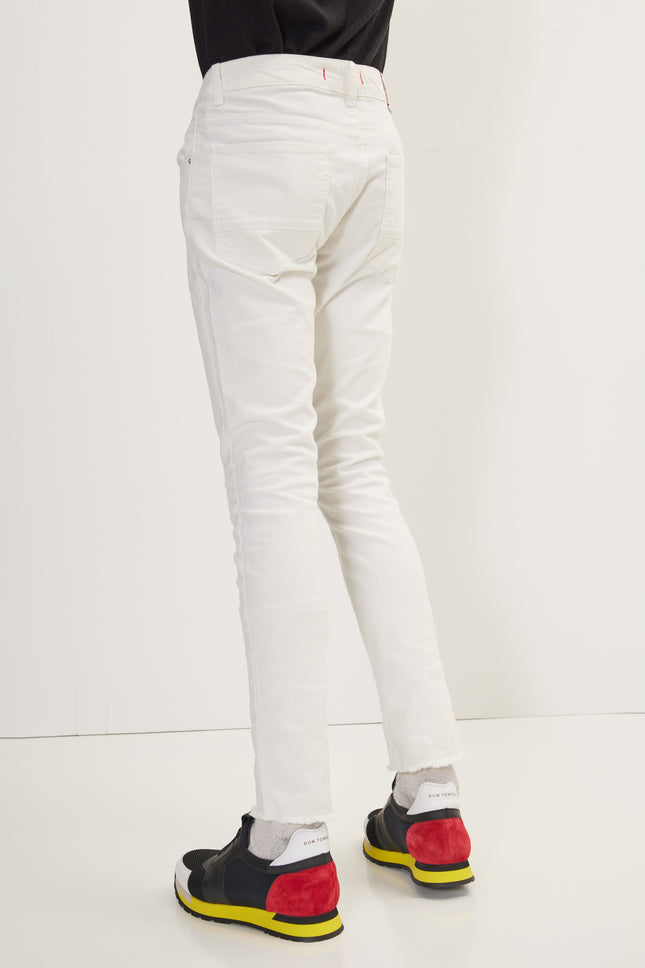 Men's Distressed Ripped Hem Skinny Jeans - White | Ron Tomson