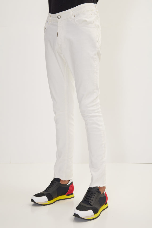 Men's Distressed Ripped Hem Skinny Jeans - White | Ron Tomson